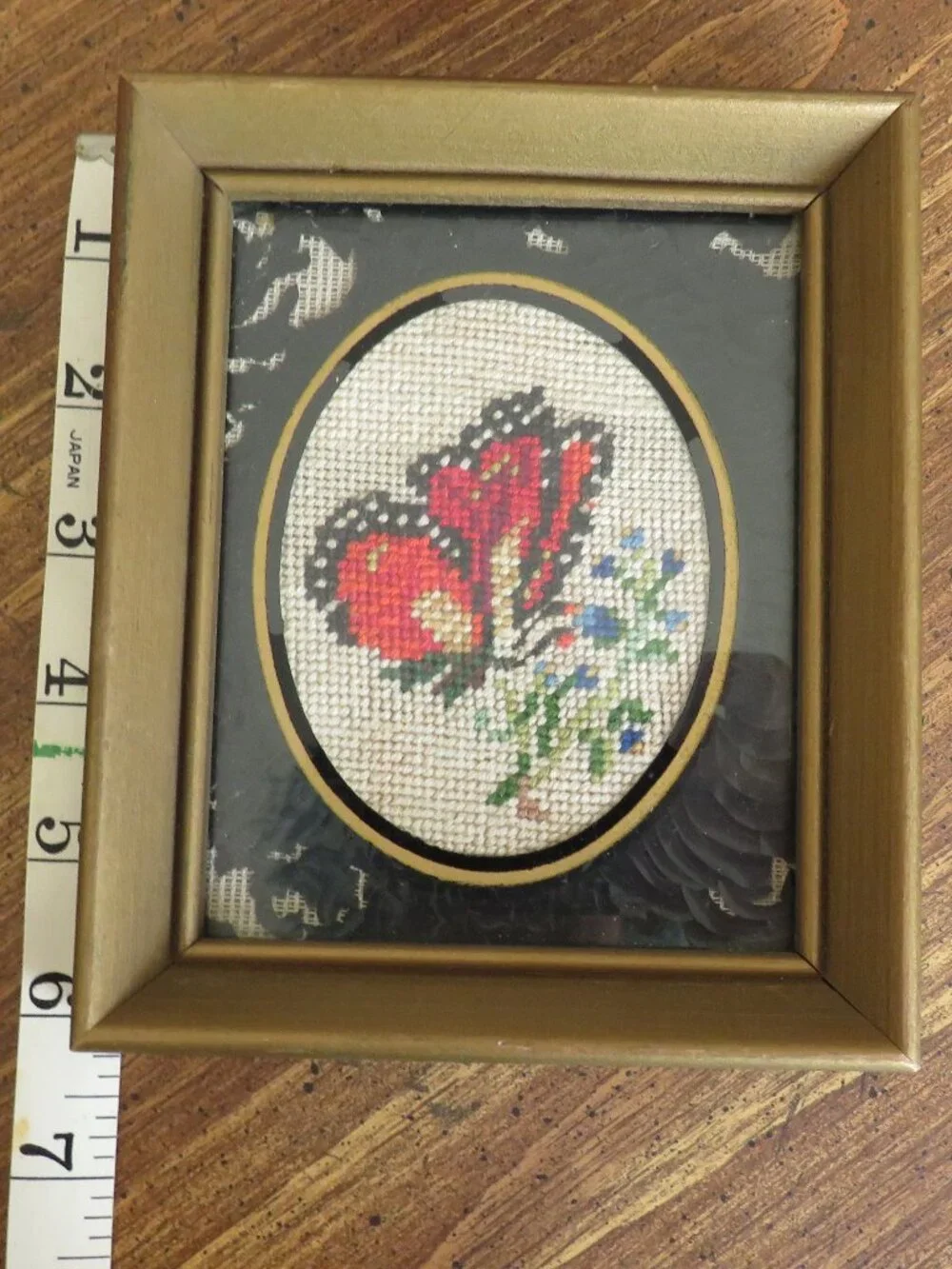 Vintage Butterfly Cross‑Stitch Art in Gold Frame – Wall Decor, Handmade